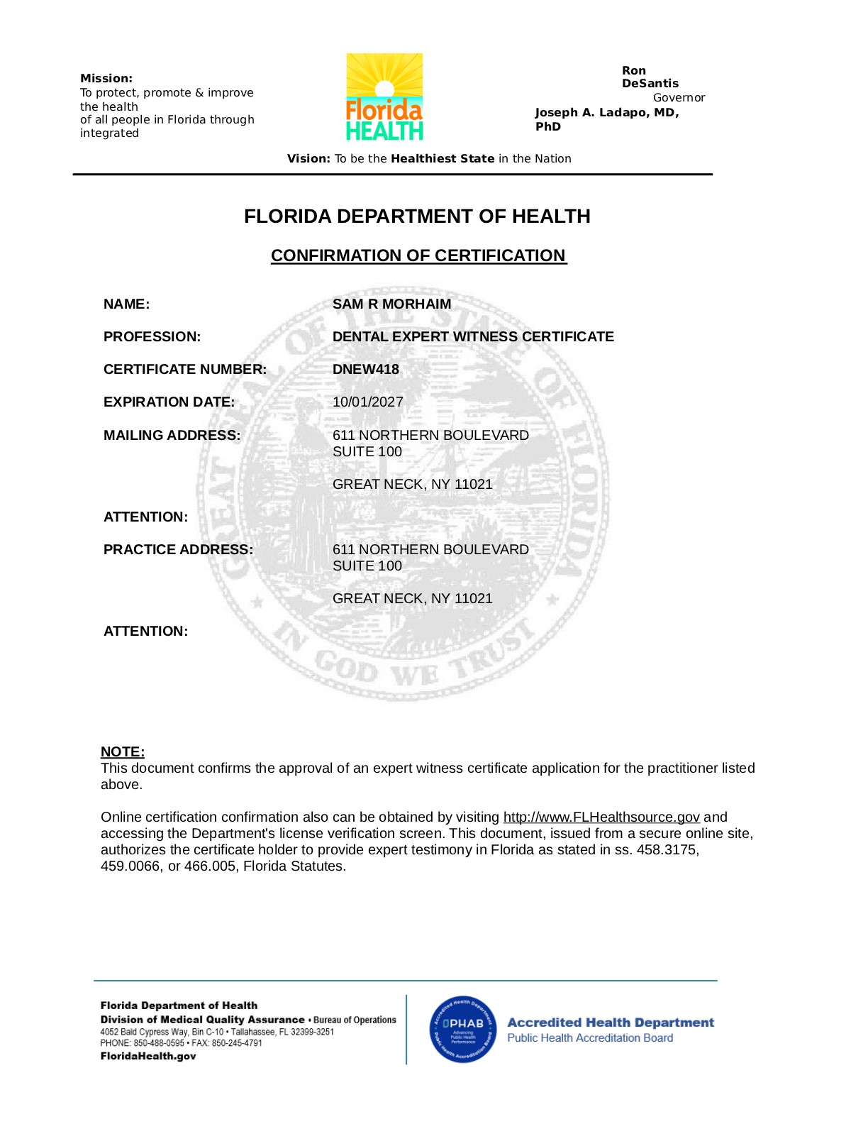 Florida Expert Certification